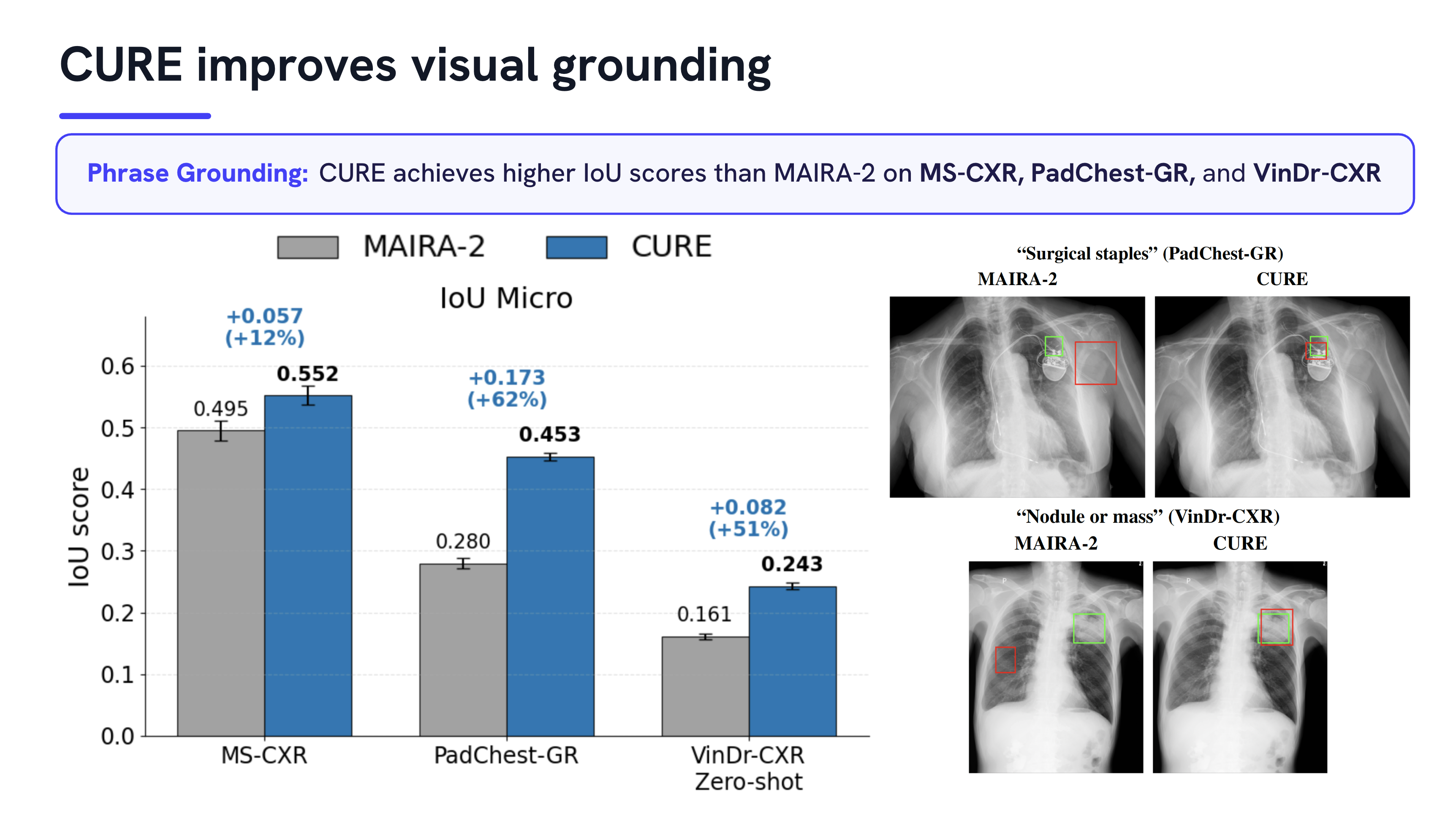 Phrase Grounding quantitative results vs MAIRA-2
